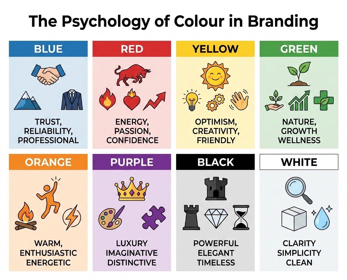Colour swatches and palette cards showing how brand colour choices shape a business identity